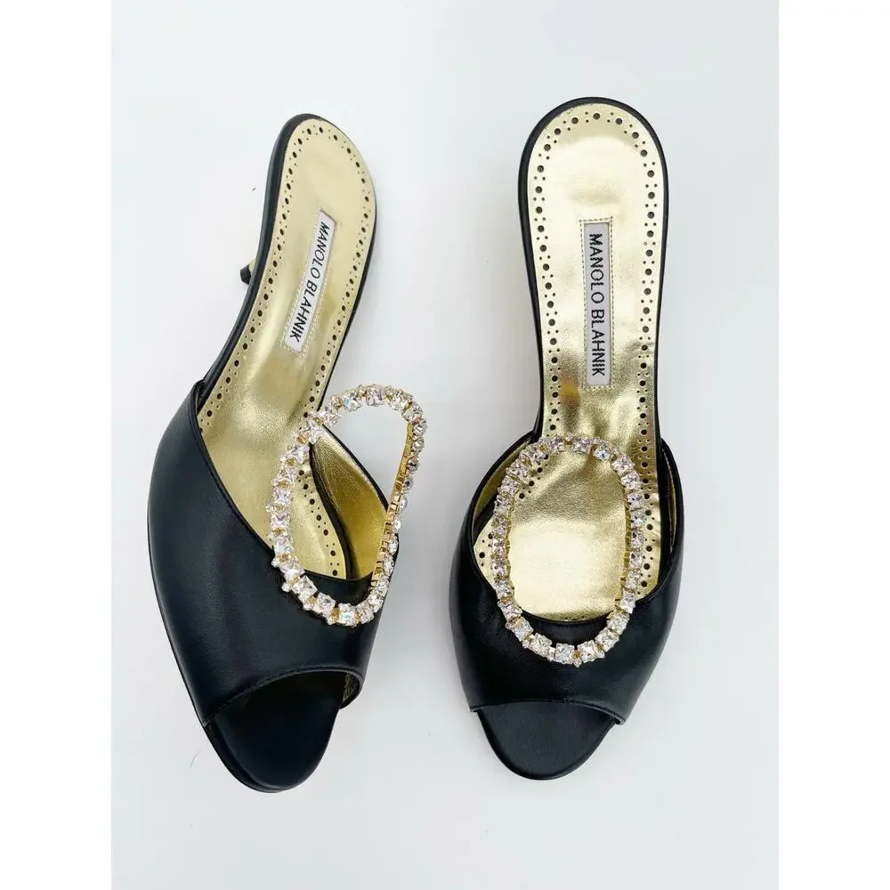 Manolo Blahnik Astria Black Gold Leather Crystal Ring Slide Mule Sandals IT 39